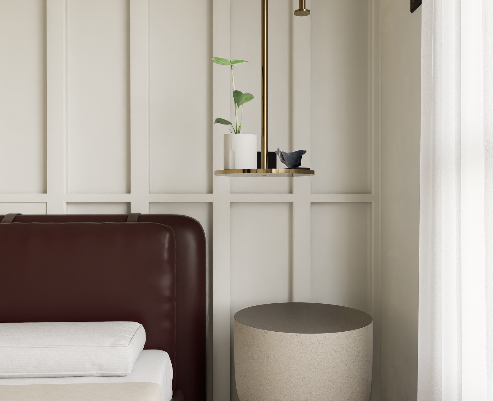 Bedroom nightstand closeup with potted plant and brass pendant light